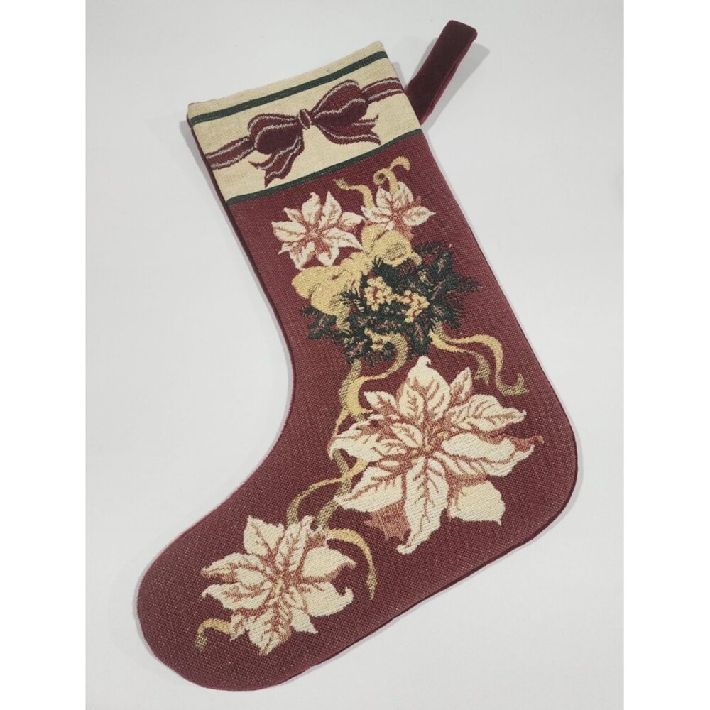 Vintage Tapestry Christmas Stocking Burgundy White Poinsettias Velvet Back 15”